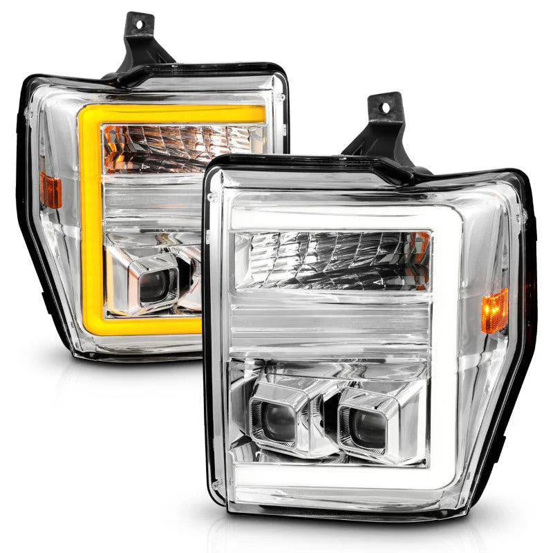 ANZO 08-10 Ford F-250 - F-550 Super Duty Projector Headlights w/ Light Bar Switchback Chrome Housing - Side View