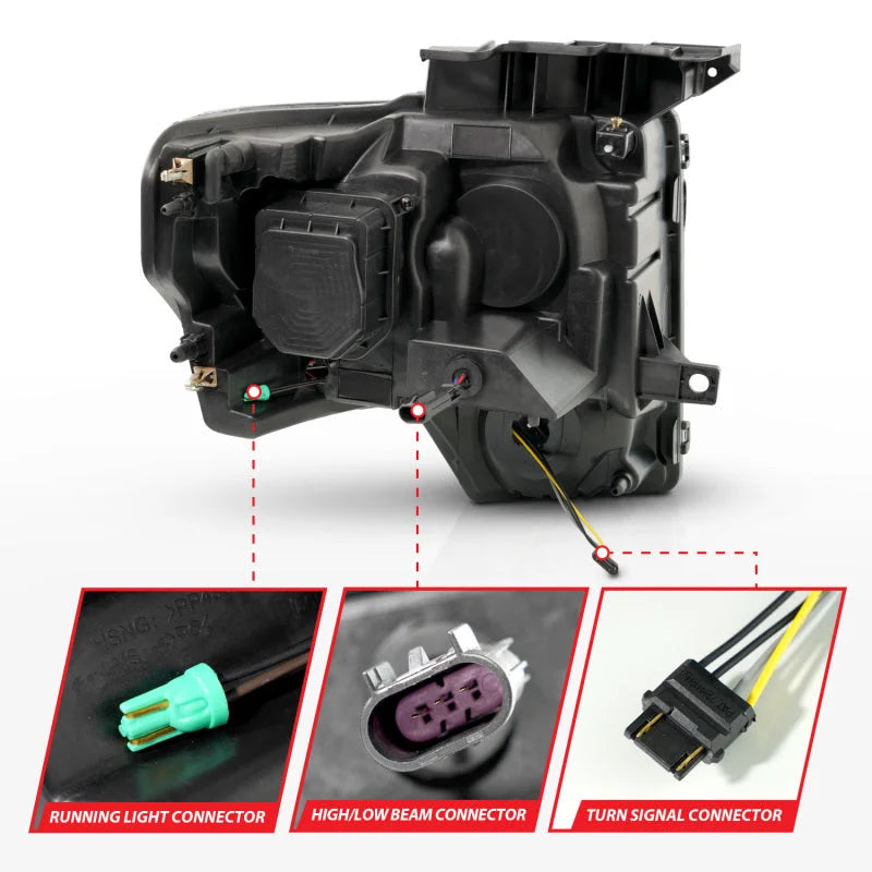 ANZO 09-14 Ford F-150 (Factory Halogen Model ONLY) Full LED Proj Headlights Init/SeqSig Black - Pair - Main Product View