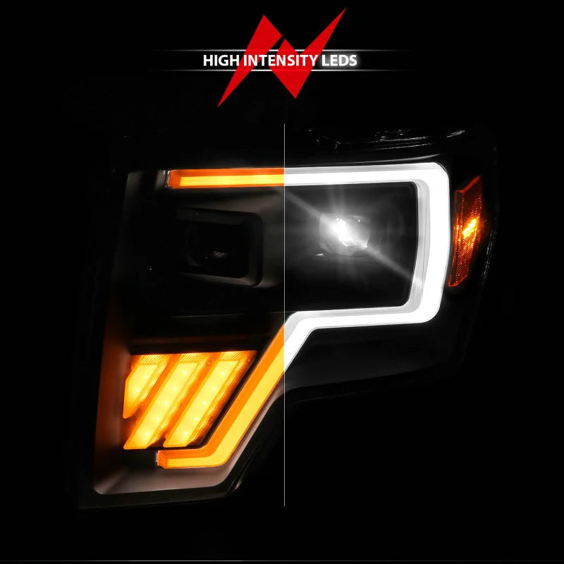 ANZO 09-14 Ford F-150 (Factory Halogen Model ONLY) Full LED Proj Headlights Init/SeqSig Black - Pair - Side View