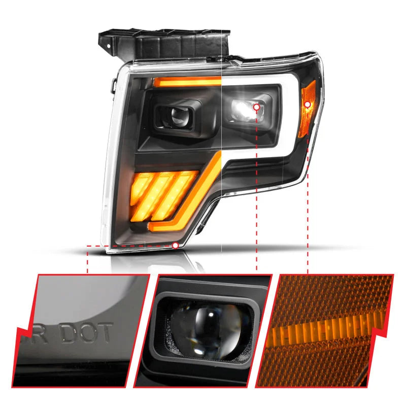 ANZO 09-14 Ford F-150 (Factory Halogen Model ONLY) Full LED Proj Headlights Init/SeqSig Black - Pair - Back View