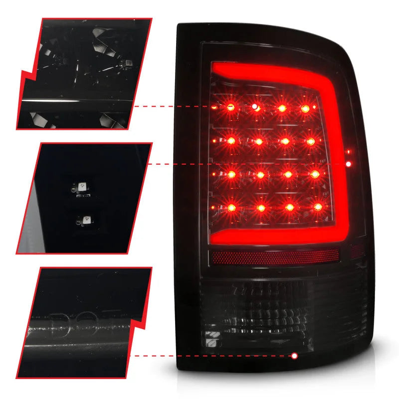 ANZO 09-18 Dodge Ram 1500 Full LED Tailights w/ Sequential Black Housing/Smoke Lens - Installation View
