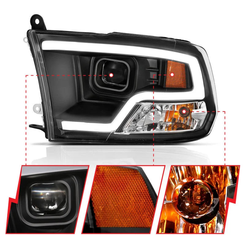 ANZO 09-18 Dodge Ram 1500 Plank Style Projector Headlights Black w/ Halo - Side View