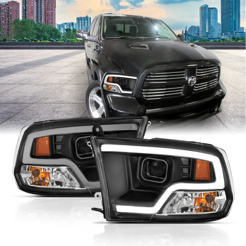 ANZO 09-18 Dodge Ram 1500 Plank Style Projector Headlights Black w/ Halo - Back View
