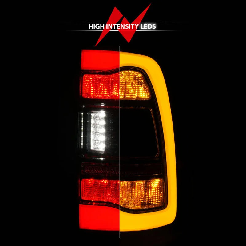 ANZO 09-18 Dodge Ram 1500 Sequential LED Taillights Smoke Black w/Switchback Amber Signal - Back View