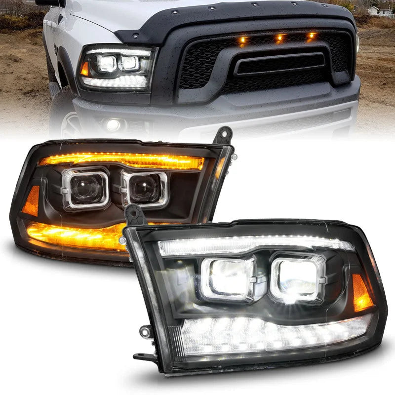 ANZO 09-18 Dodge Ram 1500/2500/3500 Full LED Proj Headlights w/Switchback Light Bar - Black - Main Product View