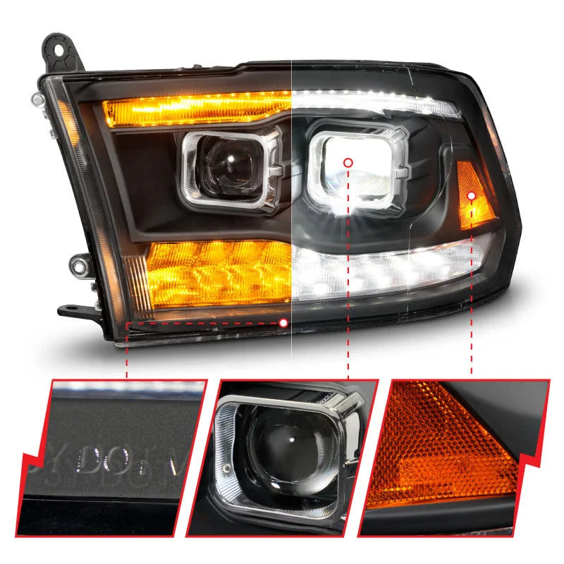 ANZO 09-18 Dodge Ram 1500/2500/3500 Full LED Proj Headlights w/Switchback Light Bar - Black - Additional View 7