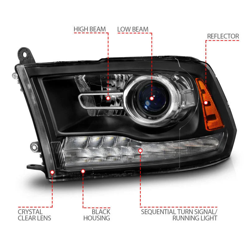 ANZO 09-18 Dodge Ram 1500/2500/3500 LED Plank Style Headlights Switchback + Sequential - Matte Black - Back View