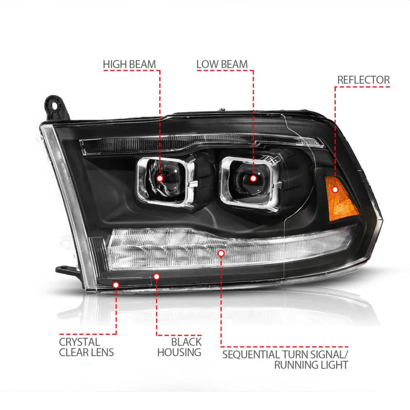 ANZO 09-19 Dodge RAM 1500 / 10-18 2500/3500 LED Proj Headlights SeqSig Black - Pair - Side View