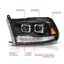Load image into Gallery viewer, ANZO 09-19 Dodge RAM 1500 / 10-18 2500/3500 LED Proj Headlights SeqSig Black - Pair - Side View