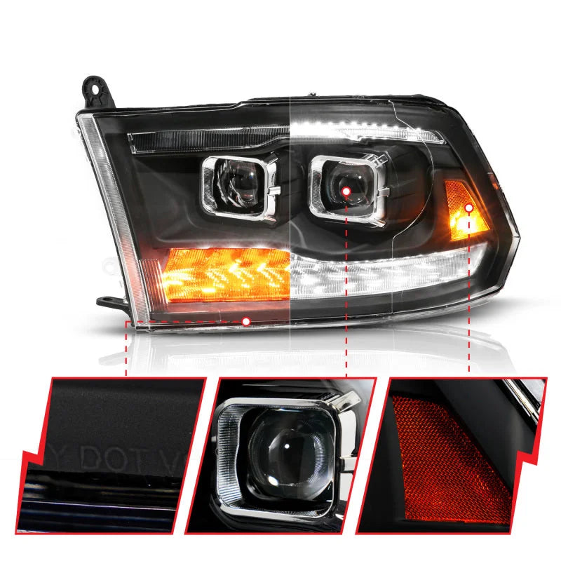 ANZO 09-19 Dodge RAM 1500 / 10-18 2500/3500 LED Proj Headlights SeqSig Black - Pair - Installation View