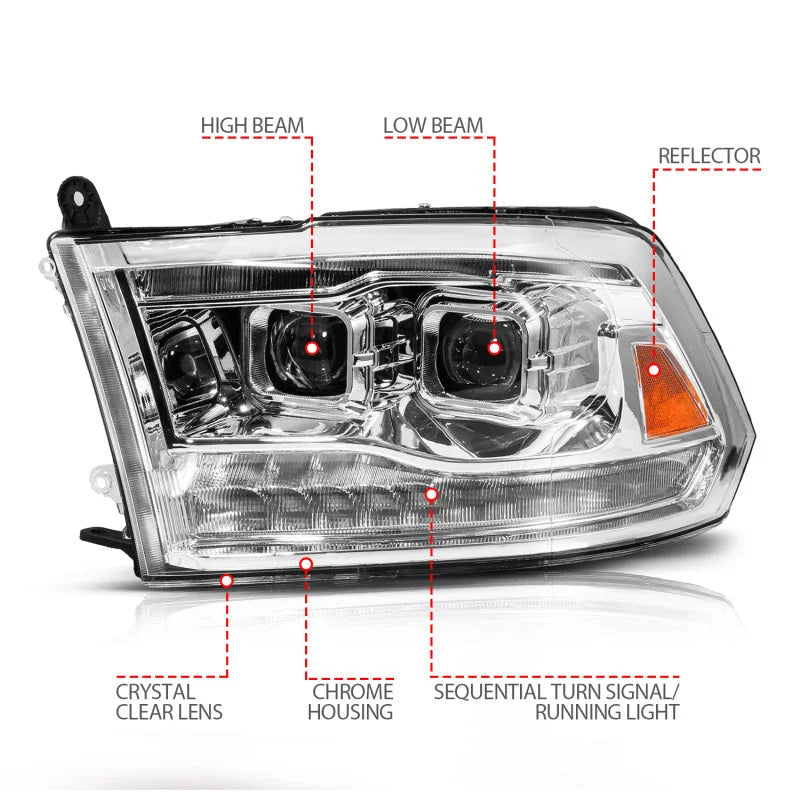 ANZO 09-19 Dodge RAM 1500 / 10-18 2500/3500 LED Proj Headlights SeqSig Chrome - Pair - Side View