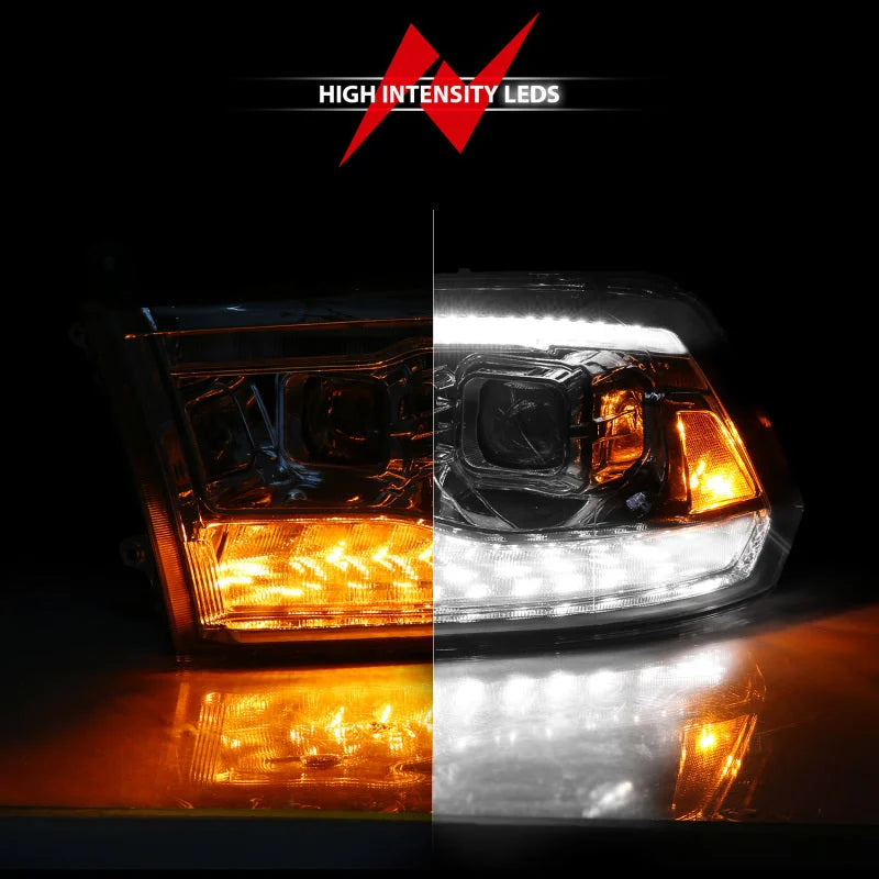 ANZO 09-19 Dodge RAM 1500 / 10-18 2500/3500 LED Proj Headlights SeqSig Chrome - Pair - Installation View