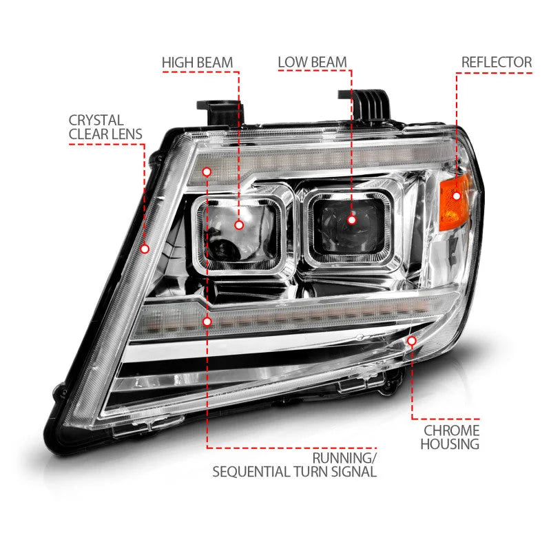 ANZO 09-20 Nissan Frontier Chrome Projector Plank Style DRL w/ Switchback & Sequential LED DRL - Side View