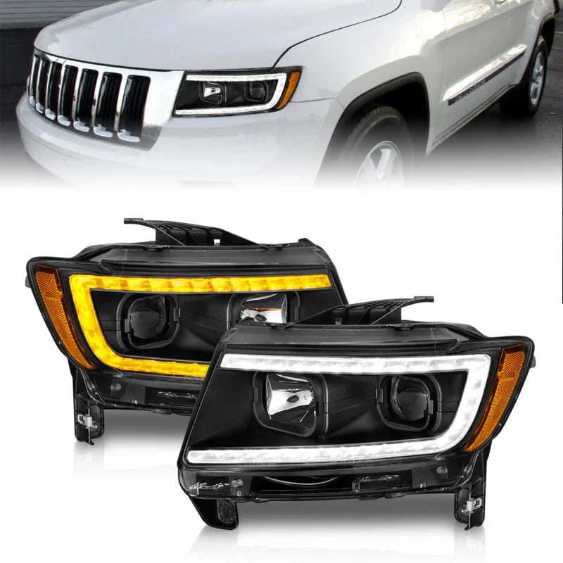 ANZO 11-13 Jeep Grand Cherokee (Factory Halogen Only) Projector Headlights w/Light Bar Swtchbk Black - Main Product View