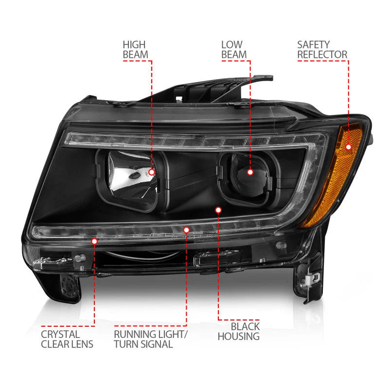 ANZO 11-13 Jeep Grand Cherokee (Factory Halogen Only) Projector Headlights w/Light Bar Swtchbk Black - Installation View