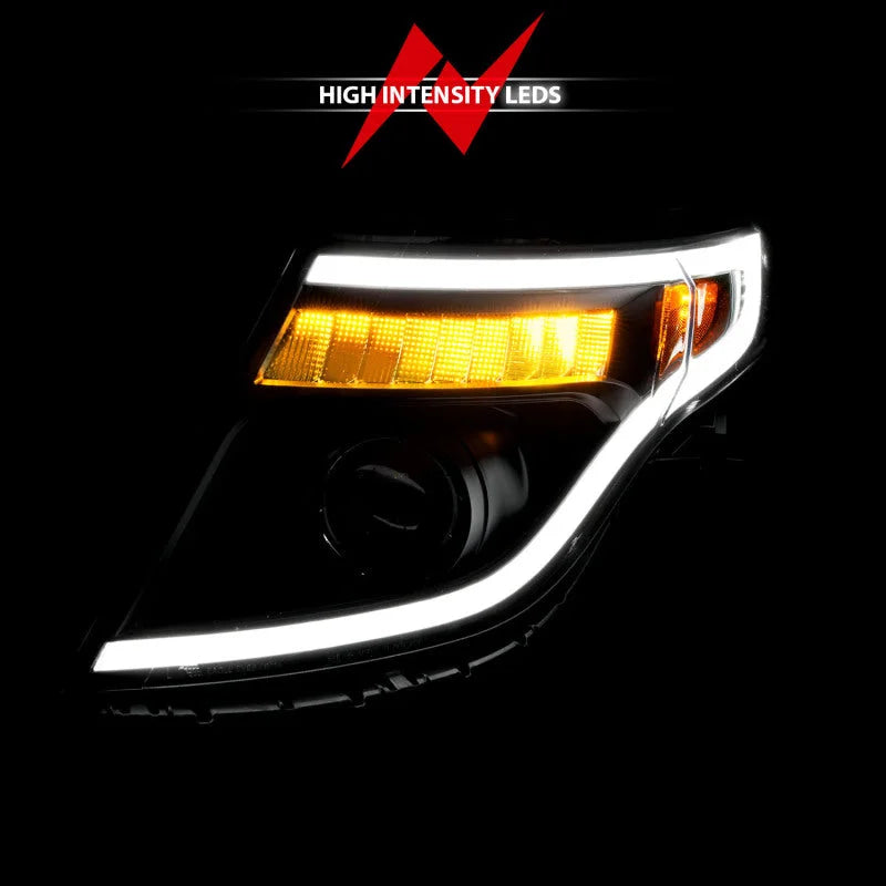 ANZO 11-15 Ford Explorer (w/Factory Halogen HL Only) Projector Headlights w/Light Bar Black Housing - Side View