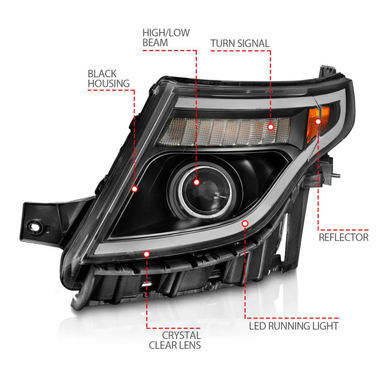 ANZO 11-15 Ford Explorer (w/Factory Halogen HL Only) Projector Headlights w/Light Bar Black Housing - Additional View 5