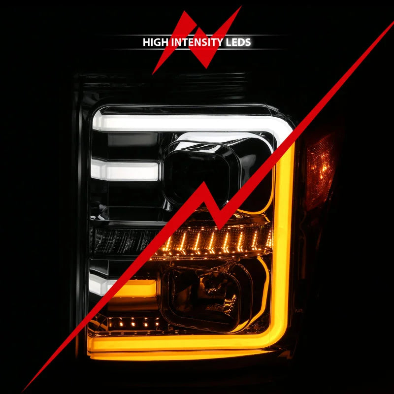 ANZO 11-16 Ford F-250/F-350/F-450 Projector Headlights w/ Plank Style Switchback Chrome w/Amber - Back View