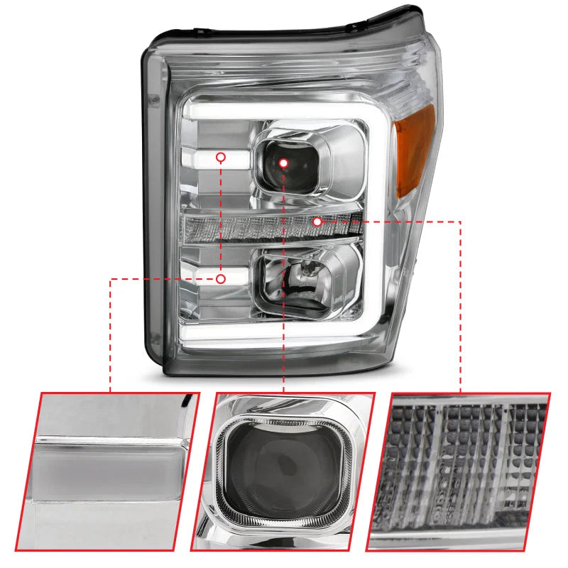 ANZO 11-16 Ford F-250/F-350/F-450 Projector Headlights w/ Plank Style Switchback Chrome w/Amber - Additional View 6