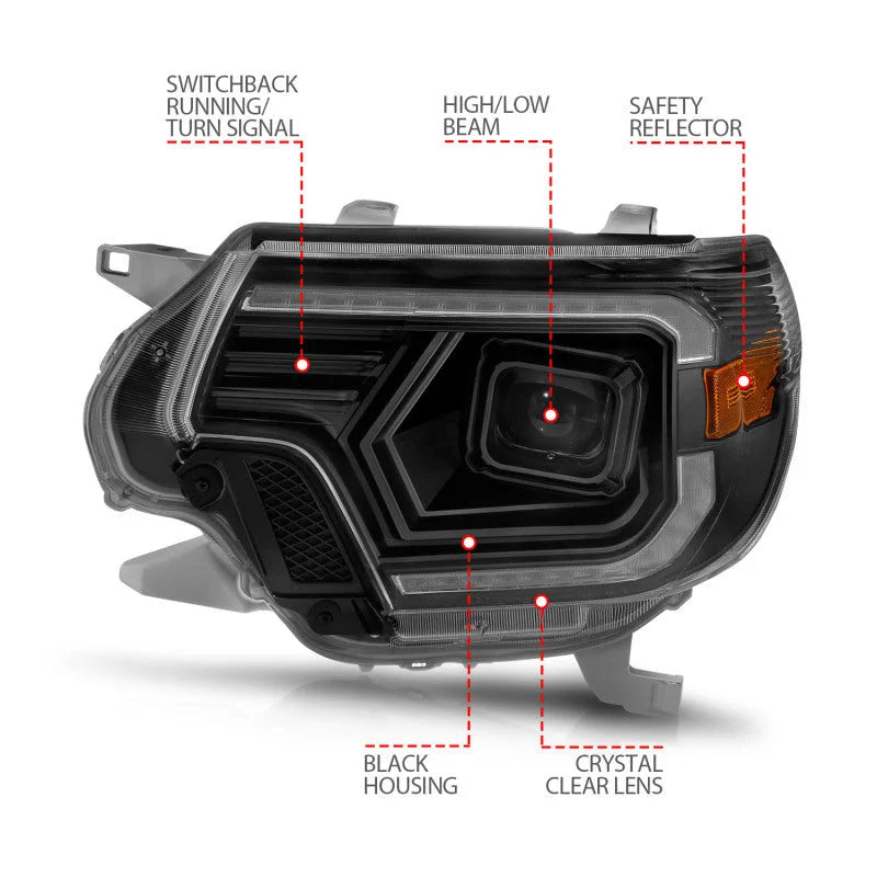 ANZO 12-15 Toyota Tacoma Projector Headlights - w/ Light Bar Switchback Black Housing - Installation View