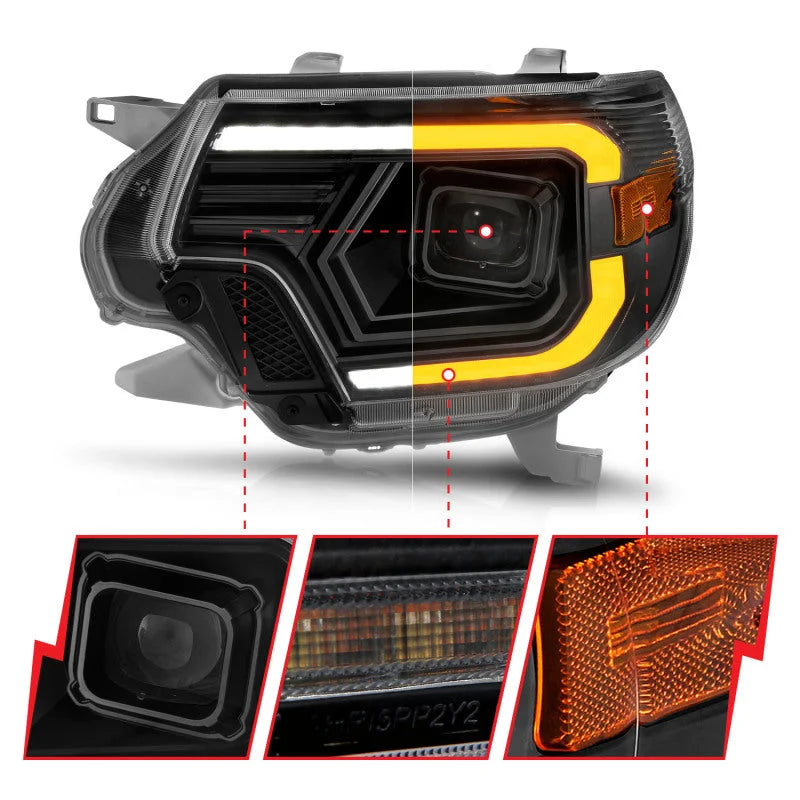 ANZO 12-15 Toyota Tacoma Projector Headlights - w/ Light Bar Switchback Black Housing - Additional View 6