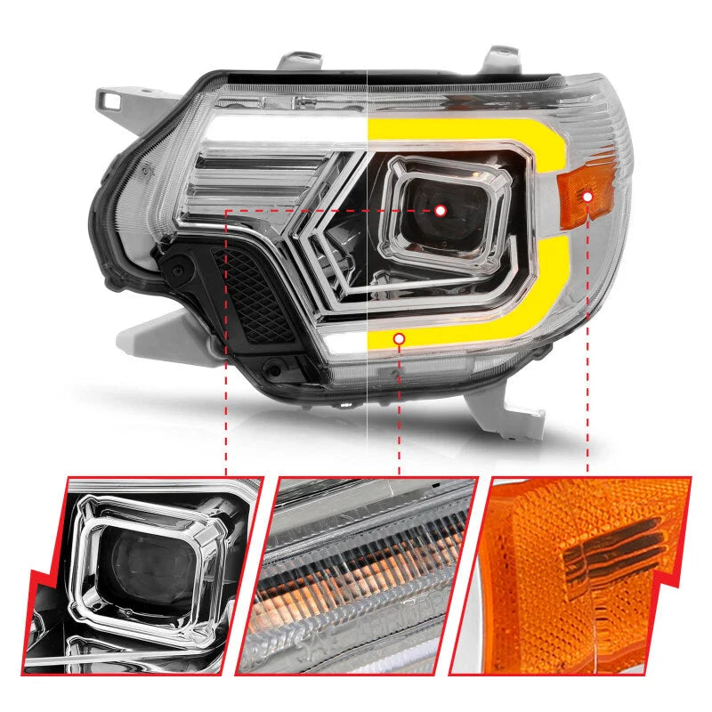 ANZO 12-15 Toyota Tacoma Projector Headlights - w/ Light Bar Switchback Chrome Housing - Side View