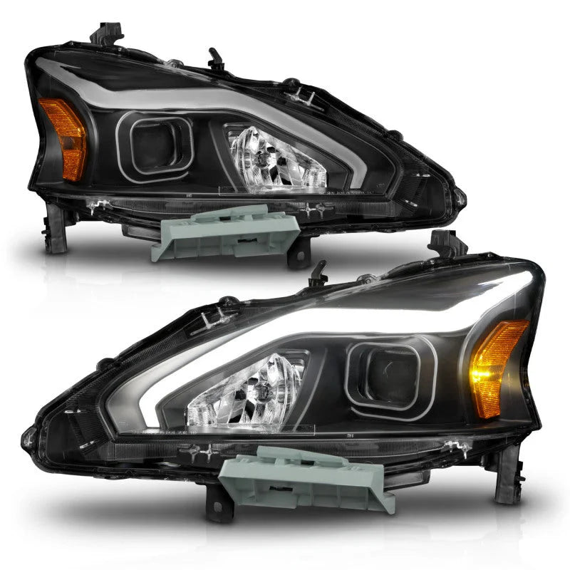 ANZO 13-15 Nissan Altima (w/o Factory HID Bulbs) Projector Headlights - w/ Light Bar Black Housing - Installation View