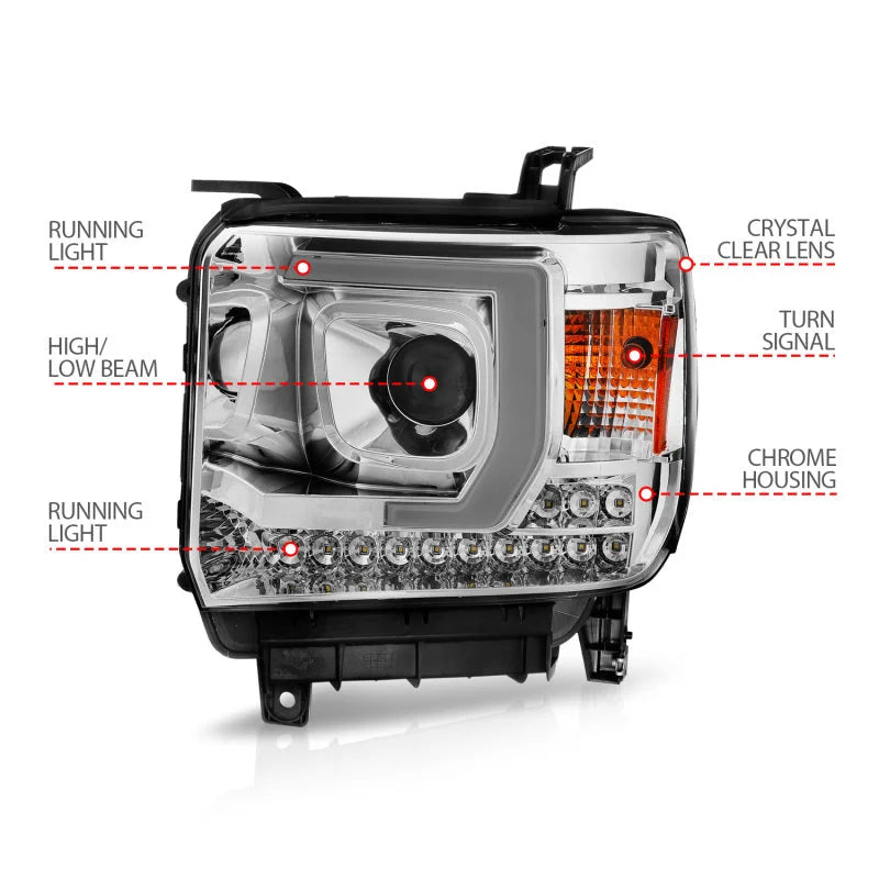ANZO 14-15 GMC Sierra 1500/2500HD/3500HD Plank Style Projector Headlight - Chrome Housing - Additional View 6