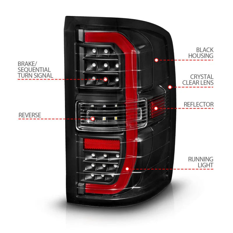 ANZO 14-18 GMC Sierra 1500 Full LED Taillights Black Housing Clear Lens (w/C Light Bars) - Side View