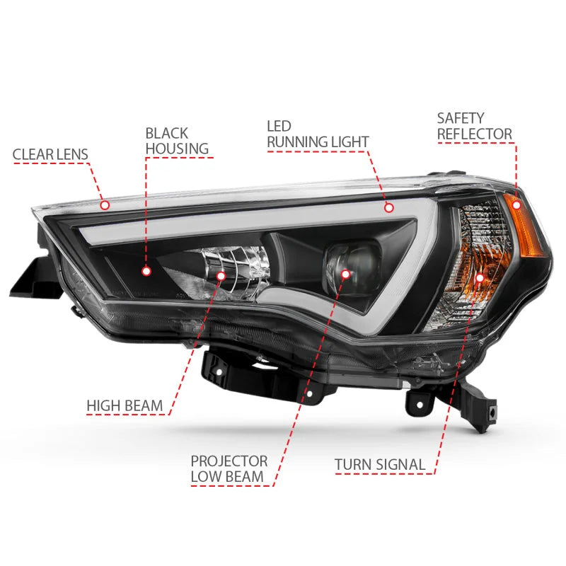 ANZO 14-18 Toyota 4 Runner Plank Style Projector Headlights Black w/ Amber - Installation View