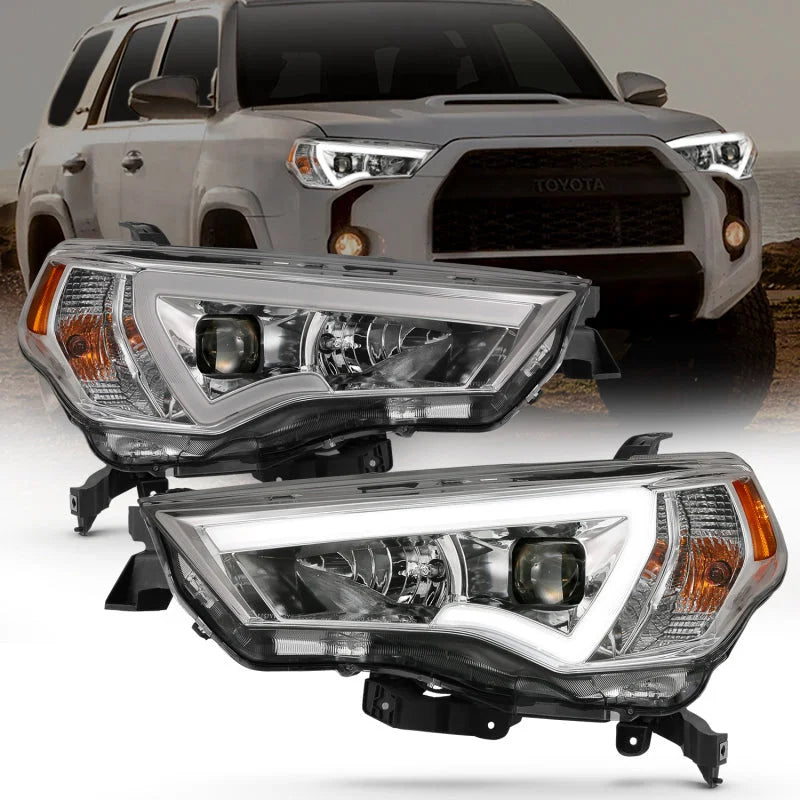 ANZO 14-18 Toyota 4 Runner Plank Style Projector Headlights Chrome w/ Amber - Installation View
