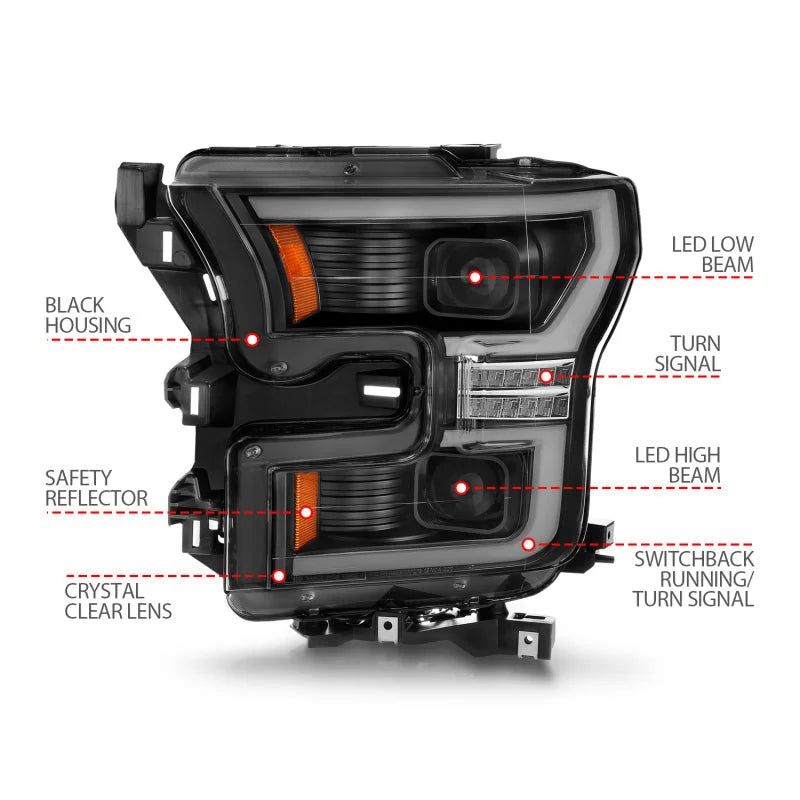 ANZO 15-17 Ford F-150 LED Projector Headlights - w/ Light Bar Switchback Black Housing - Side View