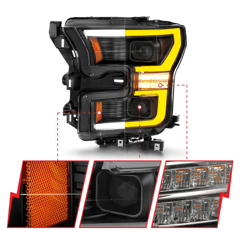 ANZO 15-17 Ford F-150 LED Projector Headlights - w/ Light Bar Switchback Black Housing - Installation View