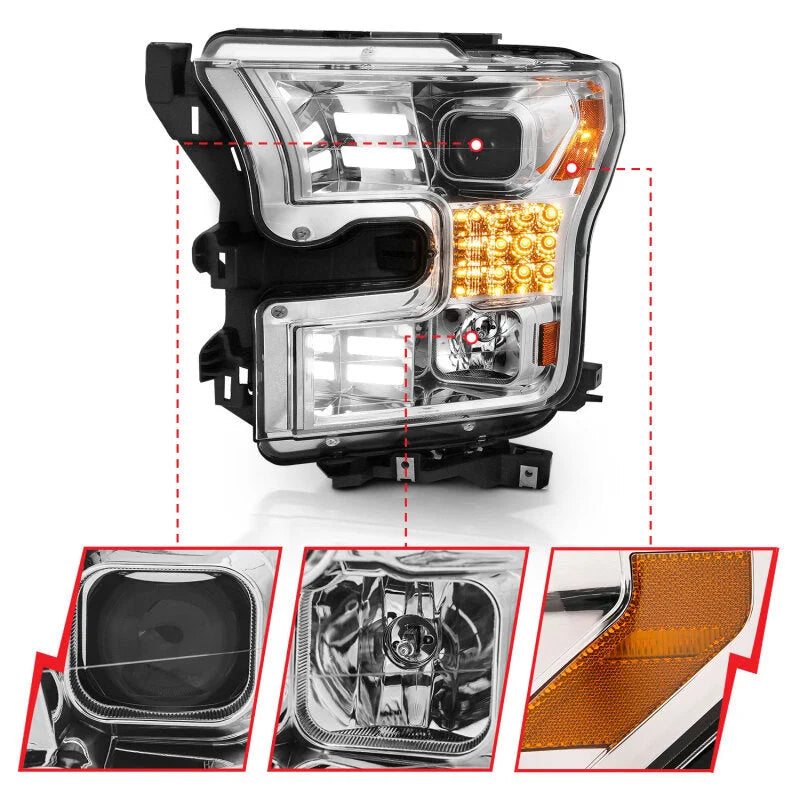 ANZO 15-17 Ford F-150 Proj Headlights w/ Plank Style Design Chrome w/ Amber Sequential Turn Signal - Side View