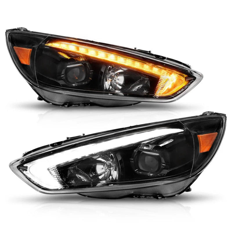 ANZO 15-18 Ford Focus Projector Headlights - w/ Light Bar Switchback Black Housing - Side View