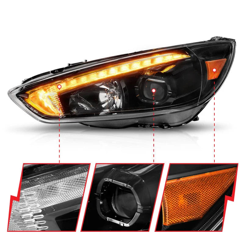 ANZO 15-18 Ford Focus Projector Headlights - w/ Light Bar Switchback Black Housing - Additional View 5