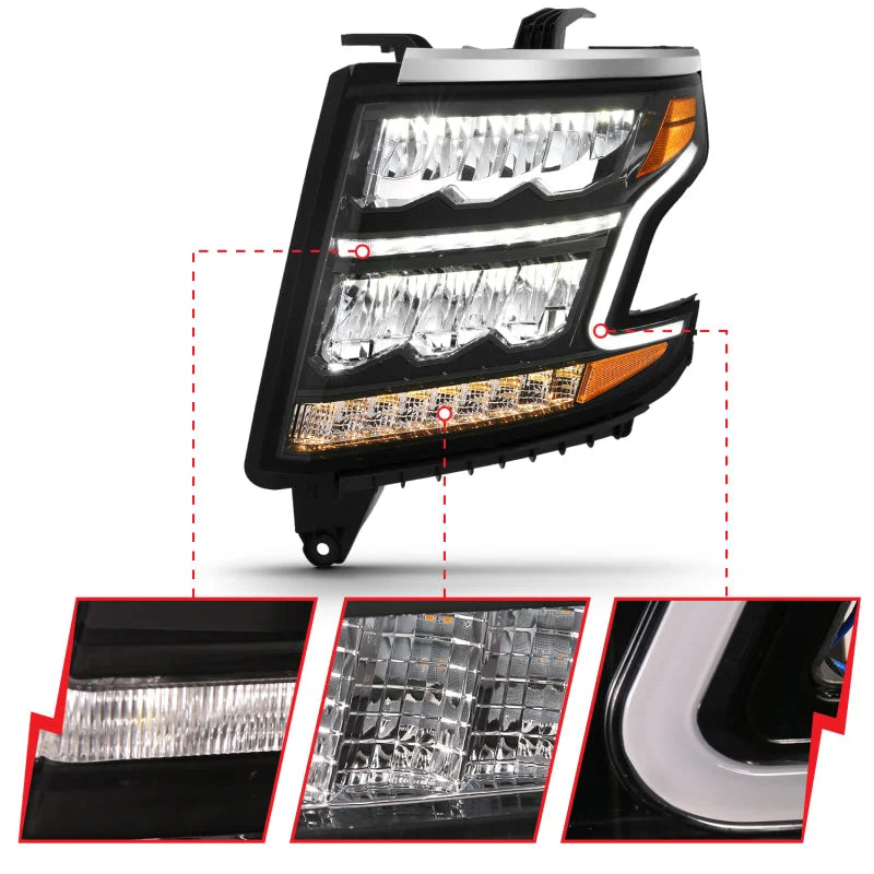ANZO 15-20 Chevy Tahoe/Suburban LED Light Bar Style Headlights Black w/Sequential w/DRL w/Amber - Side View