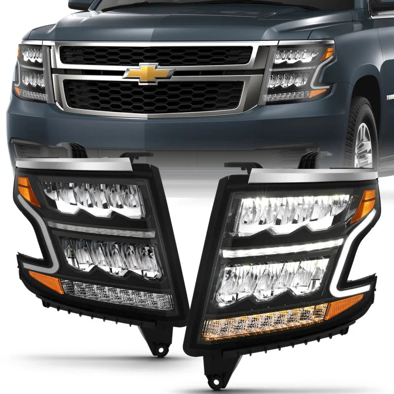ANZO 15-20 Chevy Tahoe/Suburban LED Light Bar Style Headlights Black w/Sequential w/DRL w/Amber - Back View