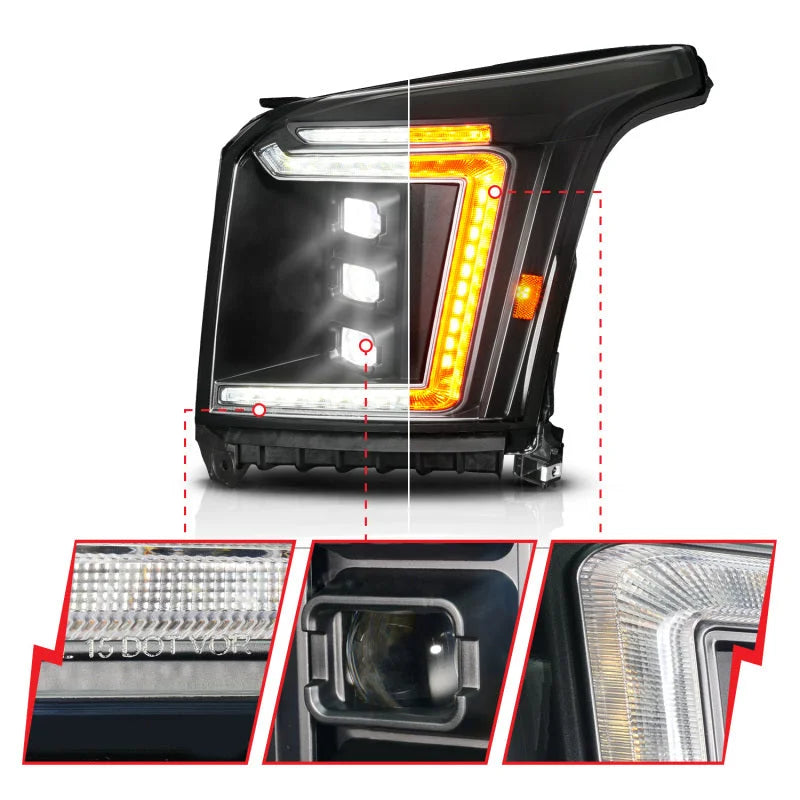 ANZO 15-20 GMC Yukon (Incl XL - Factory Halogen Models) Full LED Proj Headlights Black - Pass. Side - Installation View