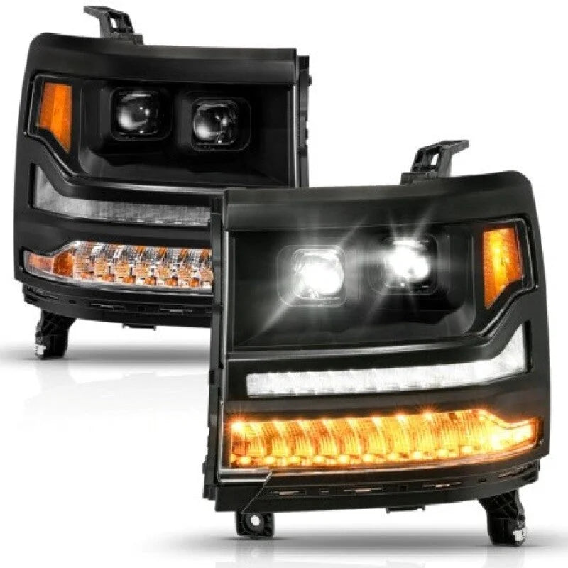 ANZO 16-18 Chevy Silverado 1500 (Factory HID Models ONLY) Full LED Proj Headlights Black - Pair - Installation View