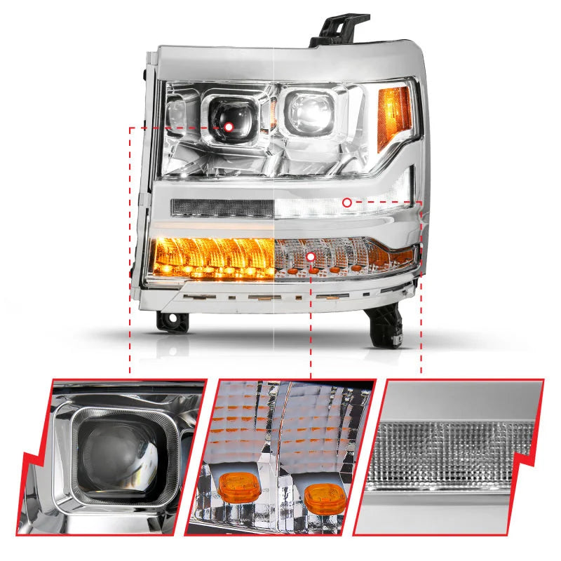 ANZO 16-18 Chevy Silverado 1500 (Factory HID Models ONLY) Full LED Proj Headlights Chrome - Pair - Back View