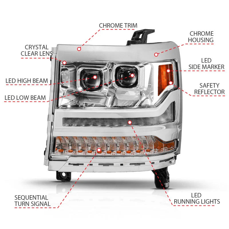 ANZO 16-18 Chevy Silverado 1500 (Factory HID Models ONLY) Full LED Proj Headlights Chrome - Pair - Additional View 6
