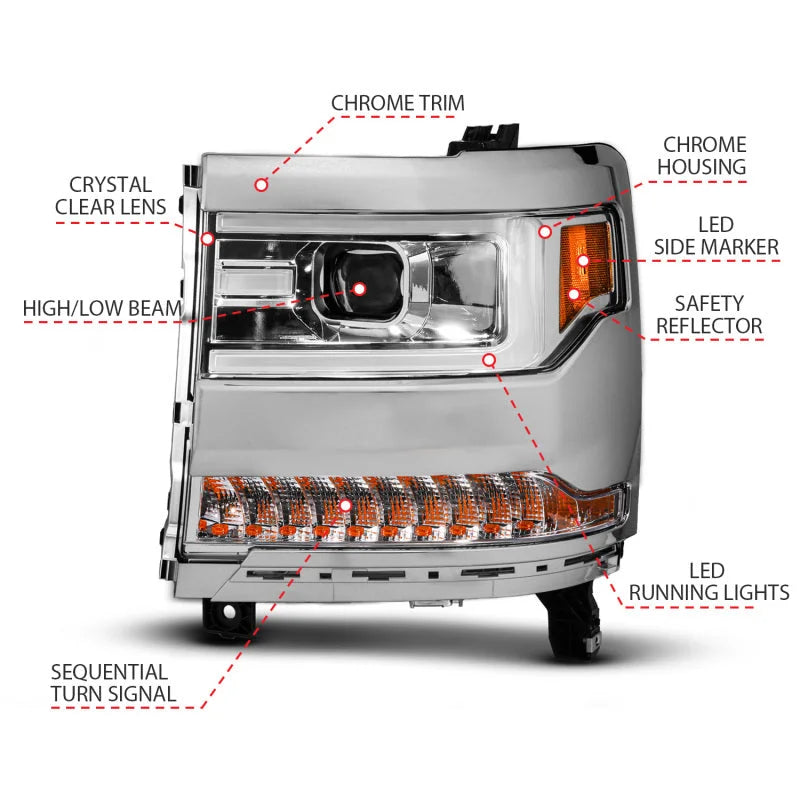 ANZO 16-18 Chevy Silverado1500 (Factory HID Models) LED Prj Light Bar Style Headlights Chrome - Pair - Additional View 5