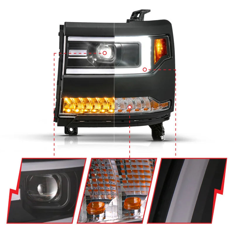 ANZO 16-18 Chevy Silverado1500 (Factory HID Models) LED Proj Light Bar Style Headlights Black - Pair - Back View