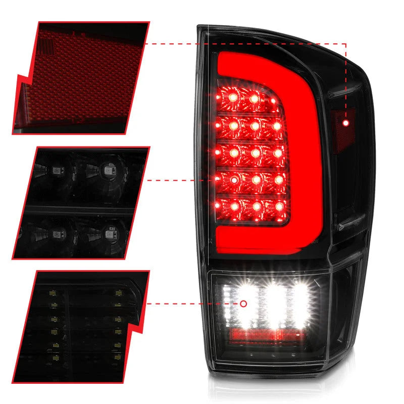 ANZO 16-21 Toyota Tacoma LED Tail Lights - w/ Light Bar Sequential Black Housing & Smoke Lens - Side View