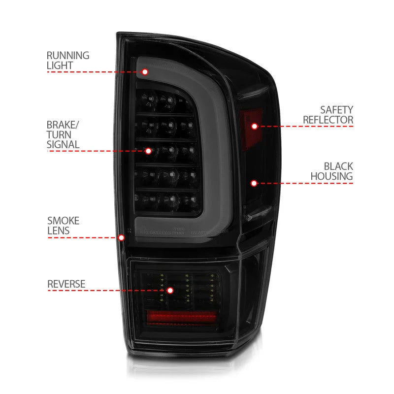 ANZO 16-21 Toyota Tacoma LED Tail Lights - w/ Light Bar Sequential Black Housing & Smoke Lens - Additional View 6