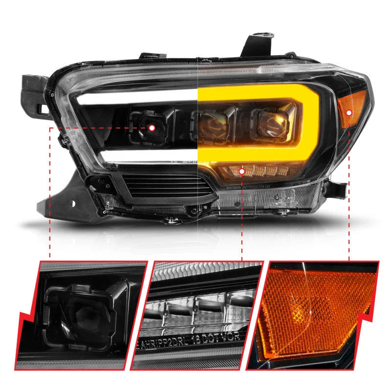 ANZO 16-22 Toyota Tacoma LED Projector Headlights w/ Light Bar Sequential Black Housing w/Initiation - Side View