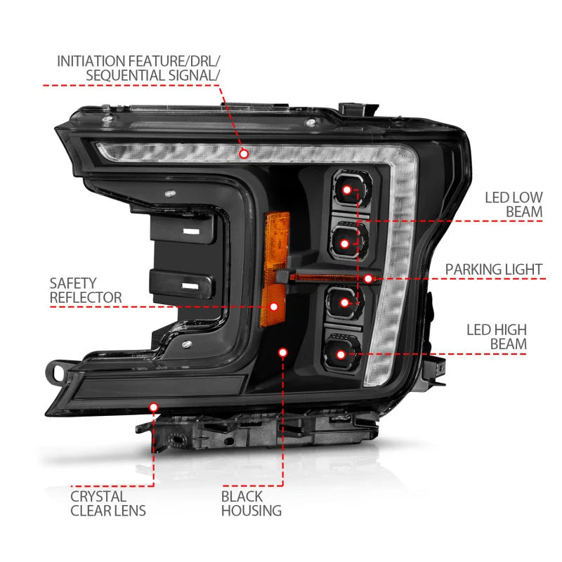 ANZO 18-20 Ford F-150 (w/Factory Halogen) Z-Series Full LED Proj Headlights Init/SeqSig - Pair - Back View