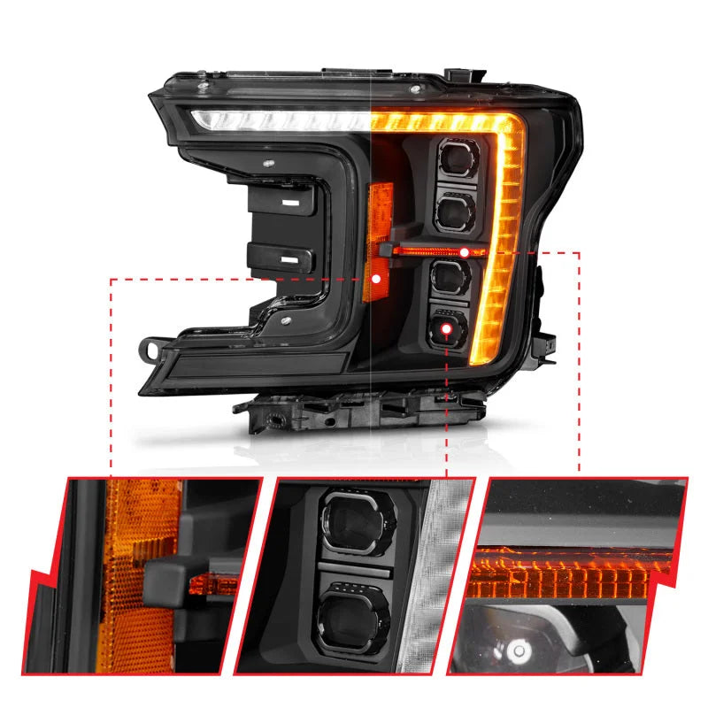 ANZO 18-20 Ford F-150 (w/Factory Halogen) Z-Series Full LED Proj Headlights Init/SeqSig - Pair - Installation View