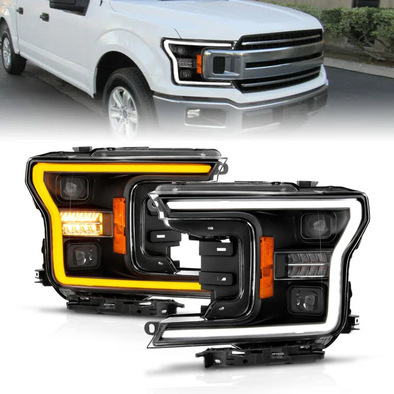 ANZO 18-20 Ford F-150 (w/o Fctry LED) Full LED Proj Headlights w/Light Bar Swtchbk Seq. Black w/Init - Main Product View